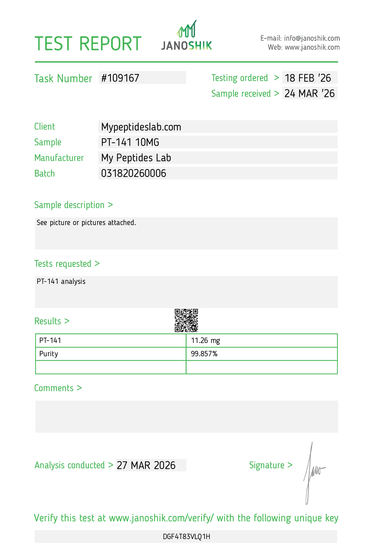 PT-141 – purity result