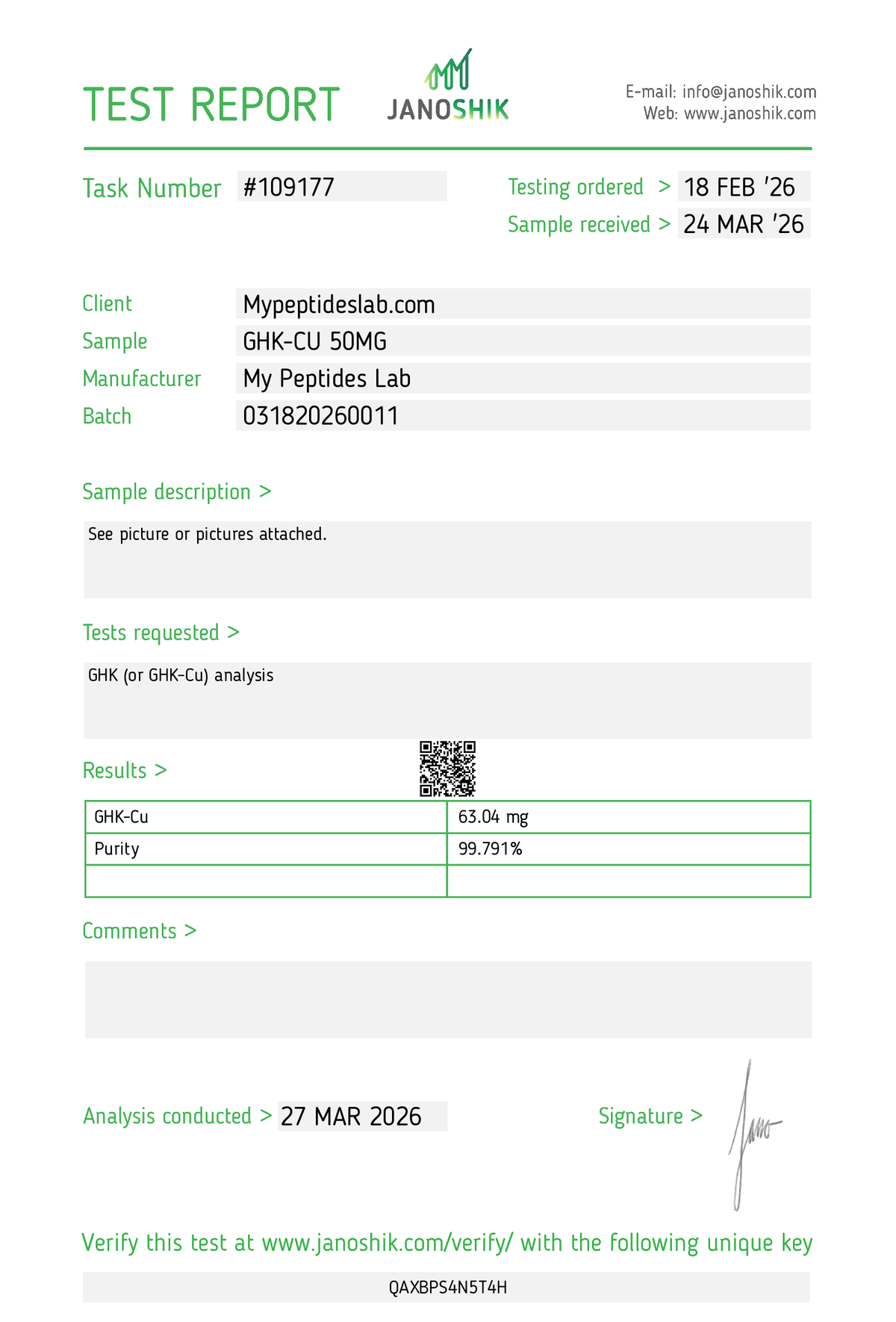 GHK-Cu – purity result