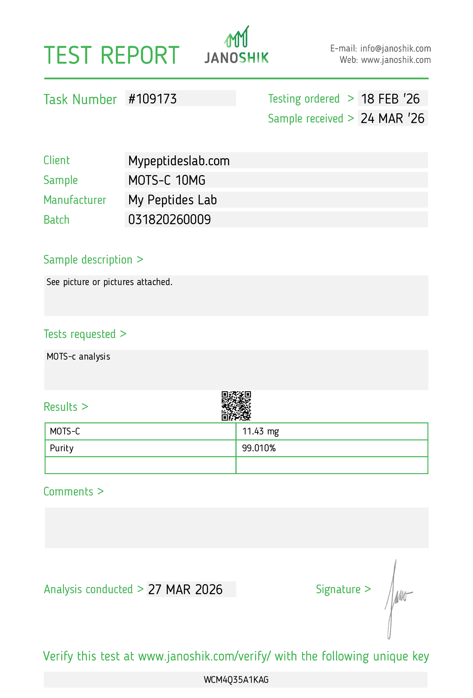 Mots-C certificate of analysis
