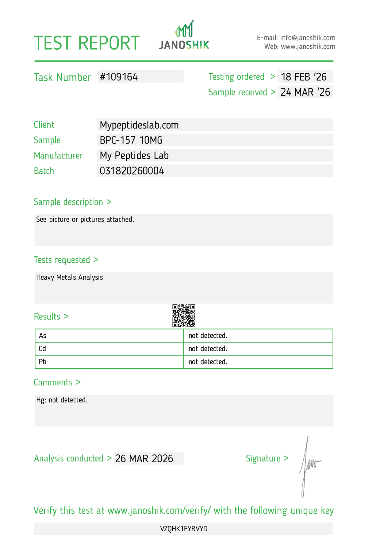 BPC-157 – heavy metals result